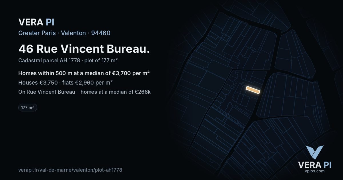 46 Rue Vincent Bureau, Valenton at night – the plot lit, the parcels around coloured by the prices near them