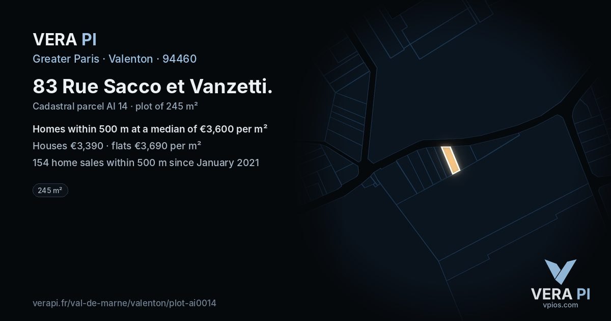 83 Rue Sacco et Vanzetti, Valenton at night – the plot lit, the parcels around coloured by the prices near them
