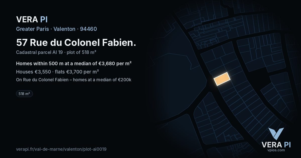 57 Rue du Colonel Fabien, Valenton at night – the plot lit, the parcels around coloured by the prices near them