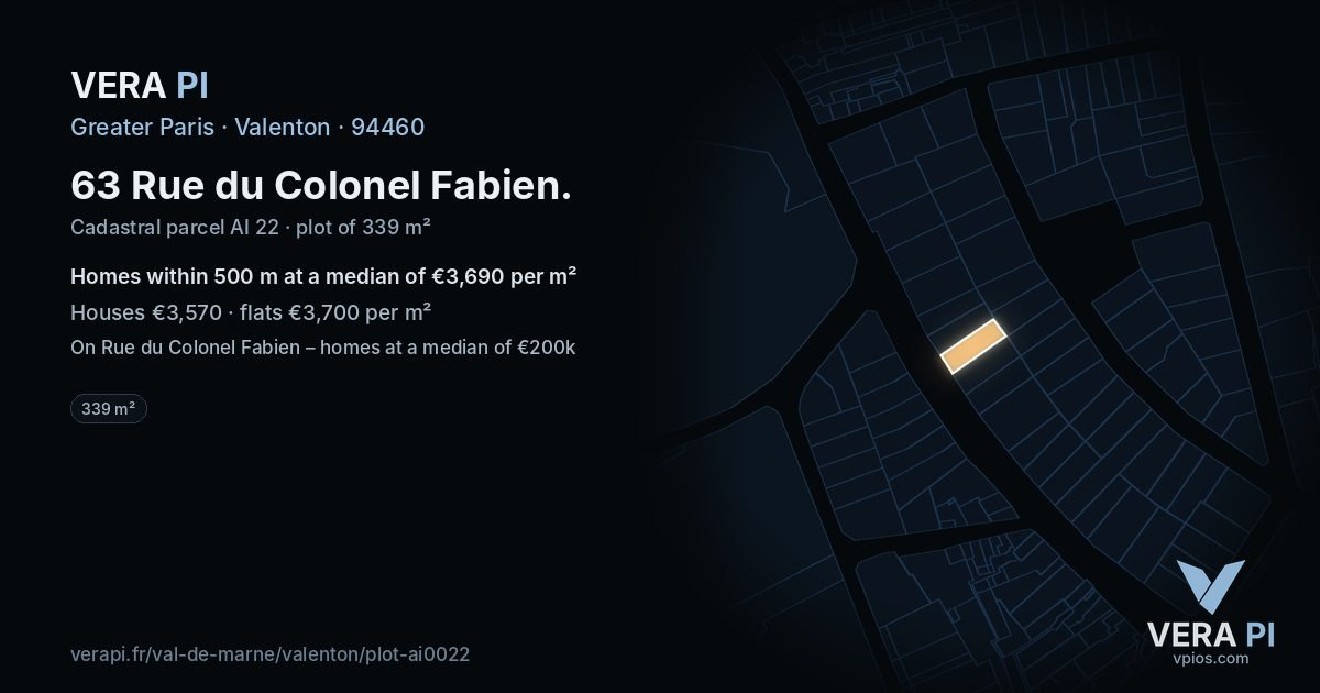 63 Rue du Colonel Fabien, Valenton at night – the plot lit, the parcels around coloured by the prices near them