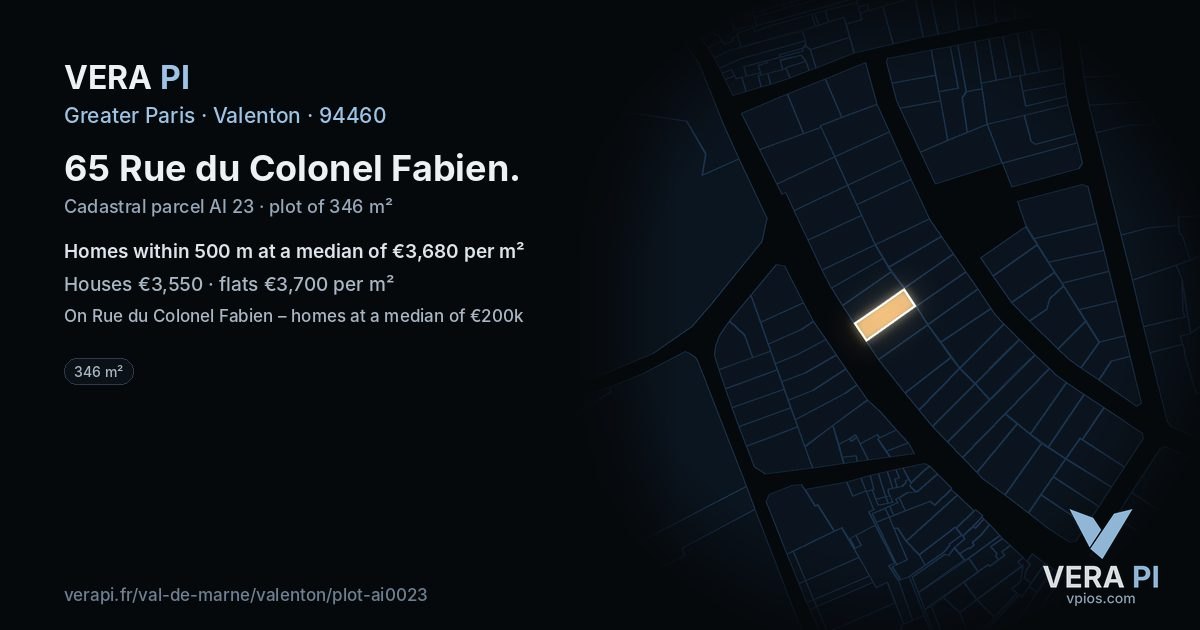 65 Rue du Colonel Fabien, Valenton at night – the plot lit, the parcels around coloured by the prices near them