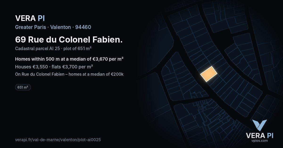69 Rue du Colonel Fabien, Valenton at night – the plot lit, the parcels around coloured by the prices near them