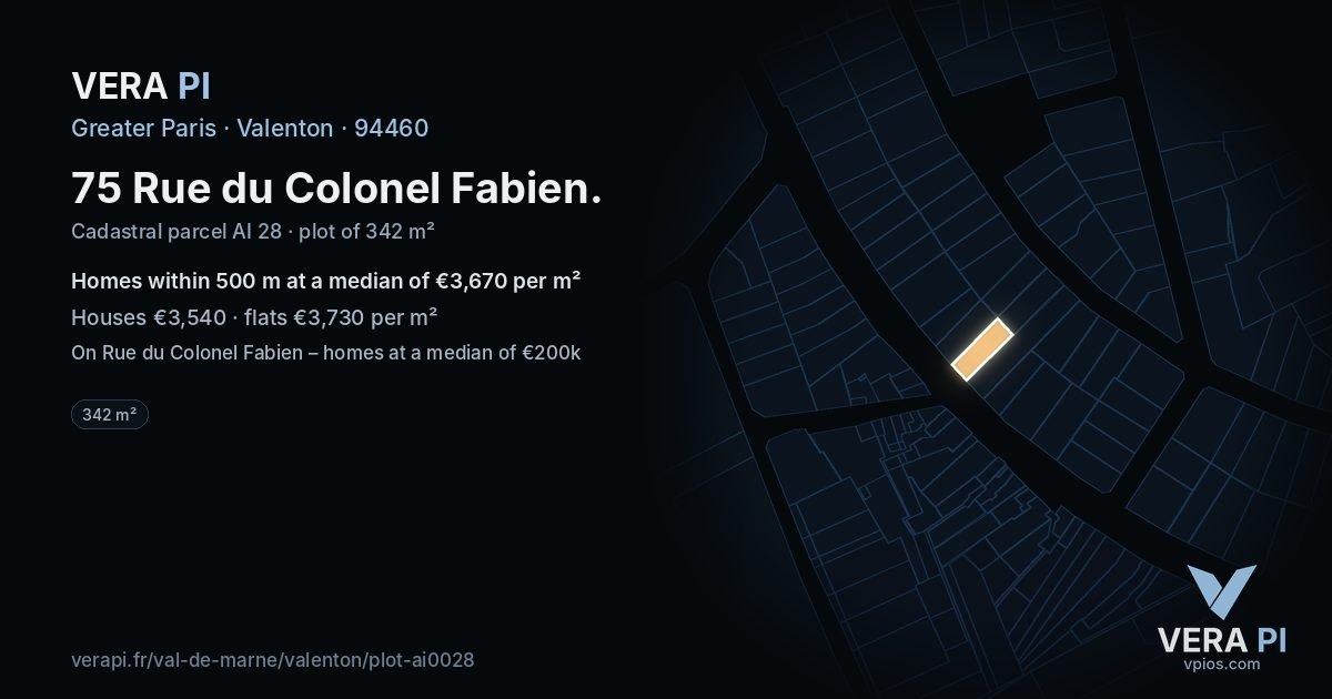 75 Rue du Colonel Fabien, Valenton at night – the plot lit, the parcels around coloured by the prices near them
