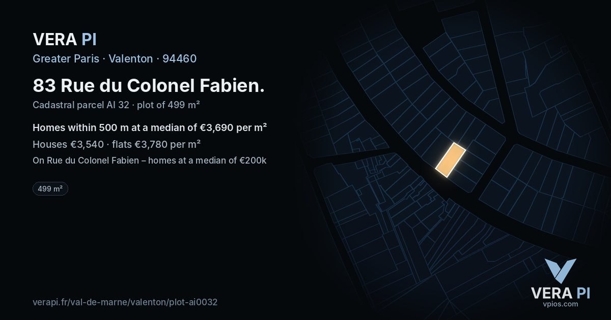 83 Rue du Colonel Fabien, Valenton at night – the plot lit, the parcels around coloured by the prices near them