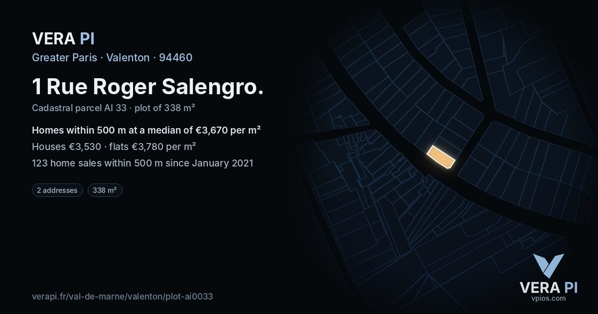 1 Rue Roger Salengro, Valenton at night – the plot lit, the parcels around coloured by the prices near them