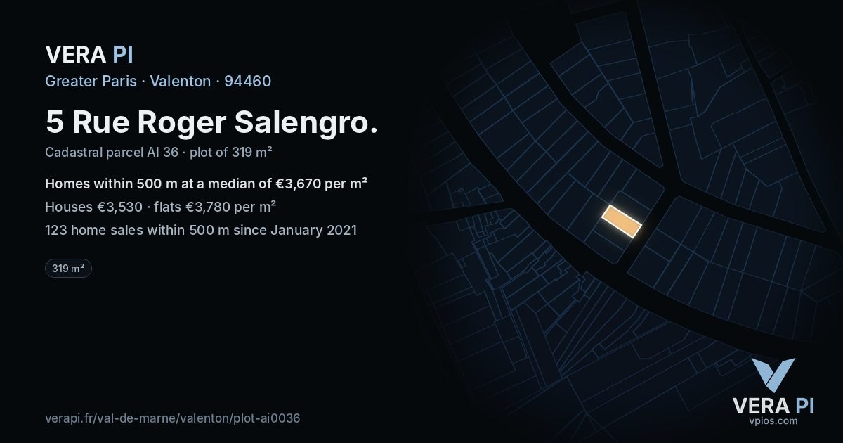 5 Rue Roger Salengro, Valenton at night – the plot lit, the parcels around coloured by the prices near them