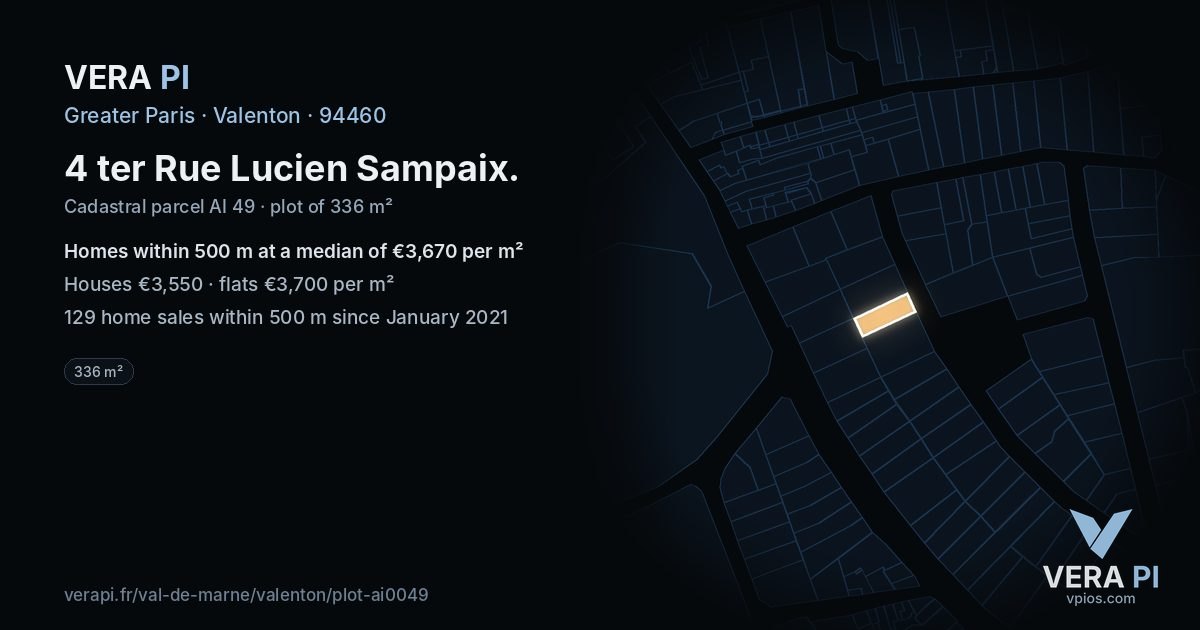 4 ter Rue Lucien Sampaix, Valenton at night – the plot lit, the parcels around coloured by the prices near them