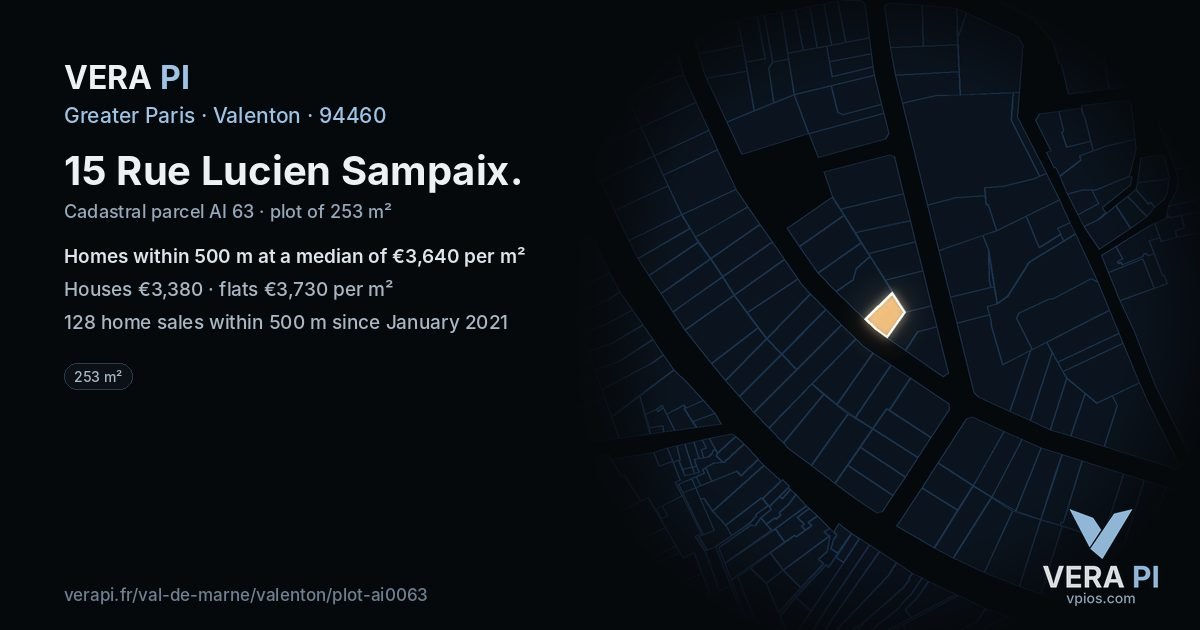 15 Rue Lucien Sampaix, Valenton at night – the plot lit, the parcels around coloured by the prices near them