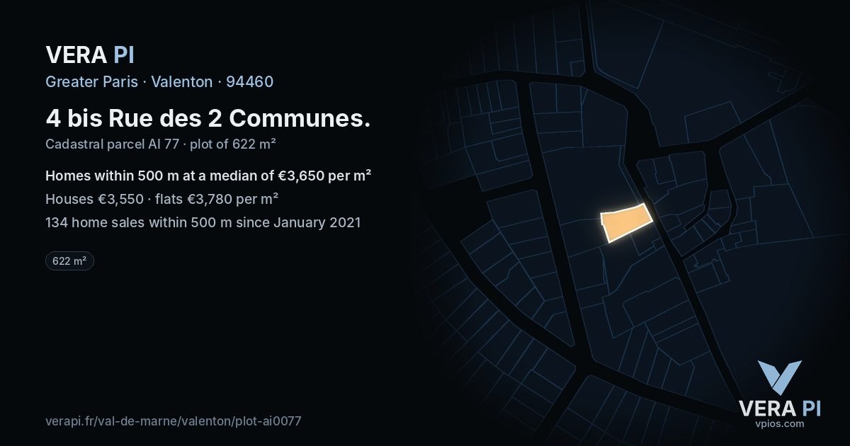 4 bis Rue des 2 Communes, Valenton at night – the plot lit, the parcels around coloured by the prices near them