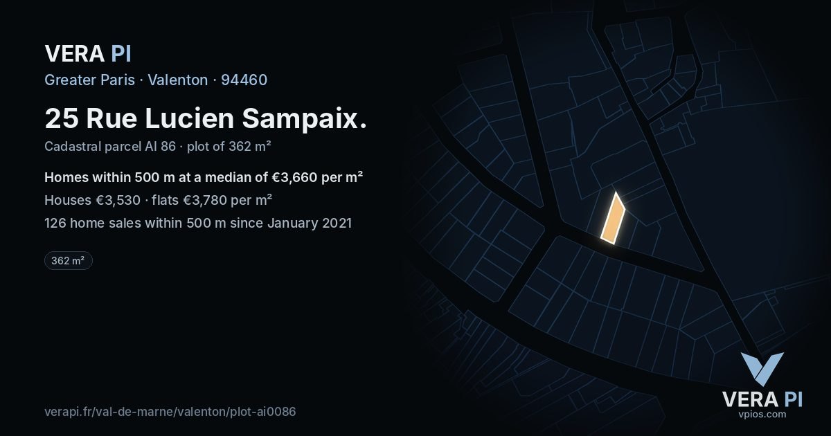 25 Rue Lucien Sampaix, Valenton at night – the plot lit, the parcels around coloured by the prices near them