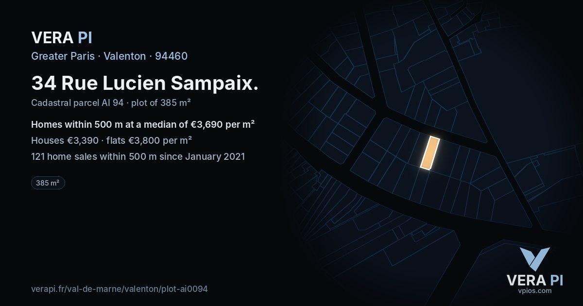 34 Rue Lucien Sampaix, Valenton at night – the plot lit, the parcels around coloured by the prices near them