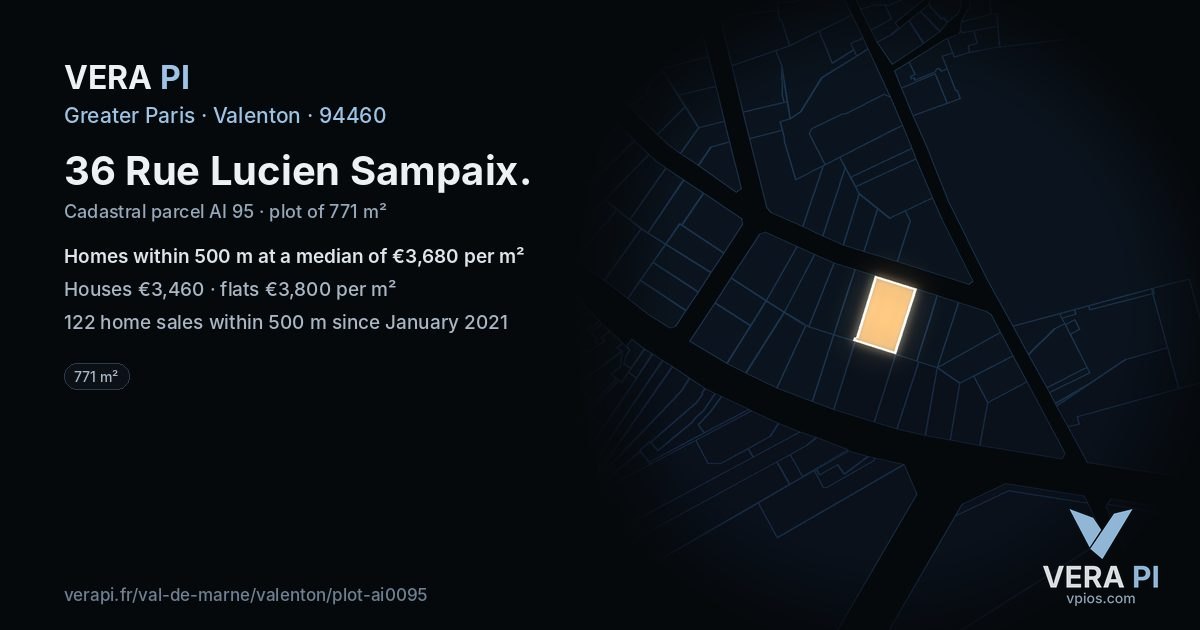 36 Rue Lucien Sampaix, Valenton at night – the plot lit, the parcels around coloured by the prices near them