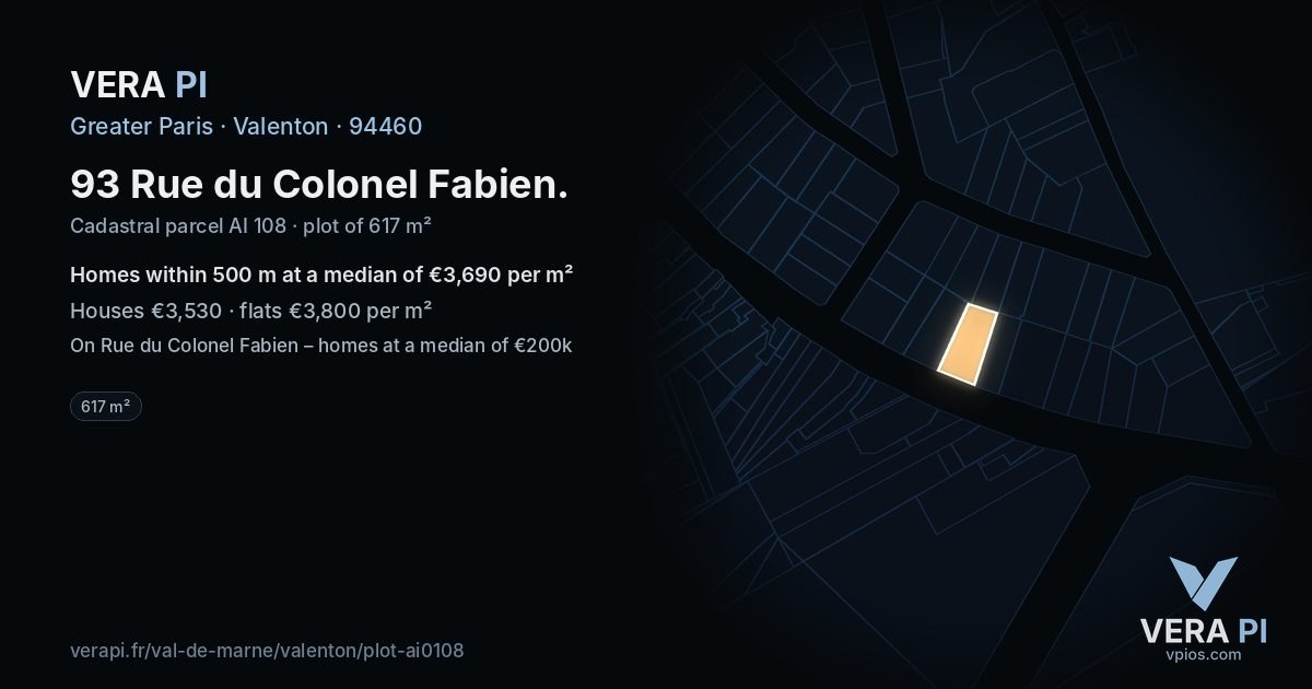 93 Rue du Colonel Fabien, Valenton at night – the plot lit, the parcels around coloured by the prices near them