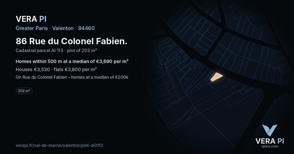 86 Rue du Colonel Fabien, Valenton at night – the plot lit, the parcels around coloured by the prices near them
