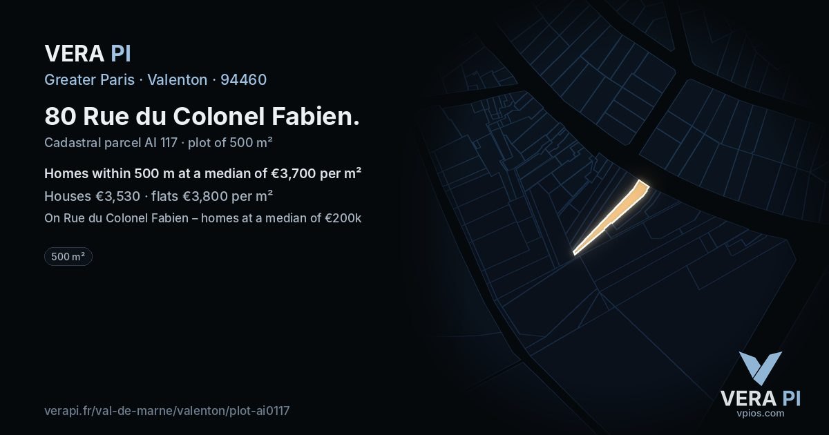 80 Rue du Colonel Fabien, Valenton at night – the plot lit, the parcels around coloured by the prices near them