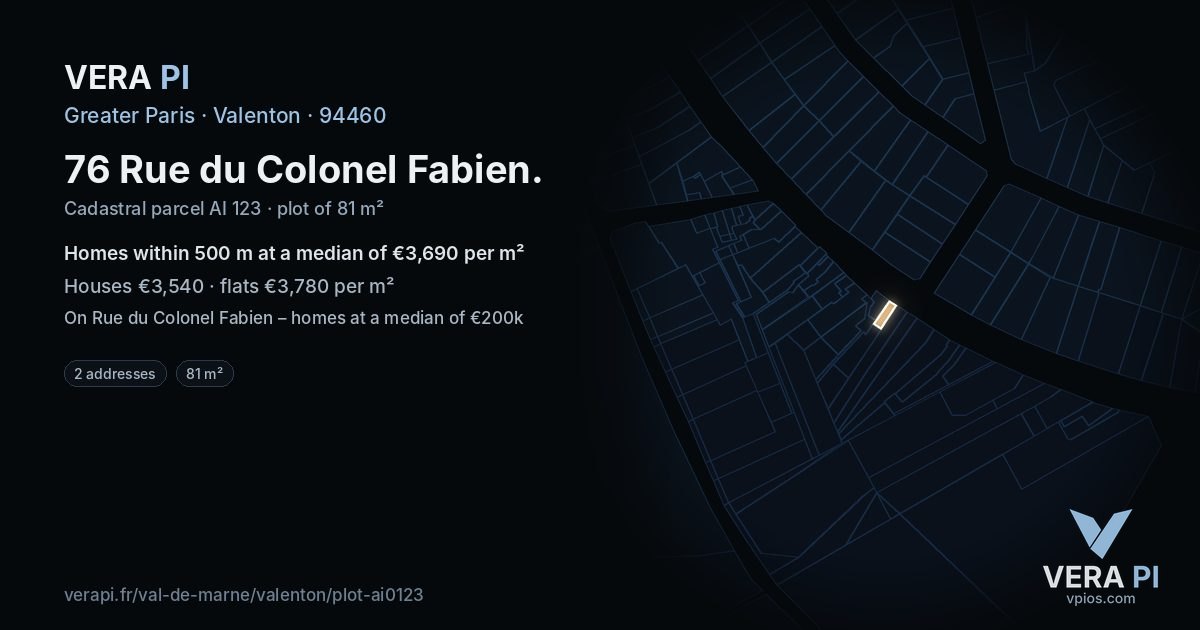 76 Rue du Colonel Fabien, Valenton at night – the plot lit, the parcels around coloured by the prices near them