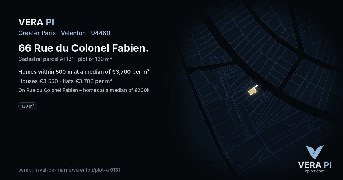 66 Rue du Colonel Fabien, Valenton at night – the plot lit, the parcels around coloured by the prices near them