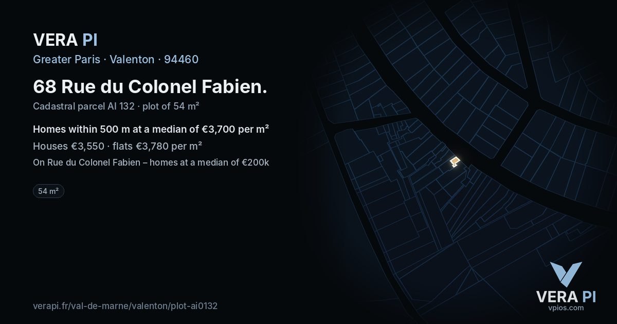 68 Rue du Colonel Fabien, Valenton at night – the plot lit, the parcels around coloured by the prices near them