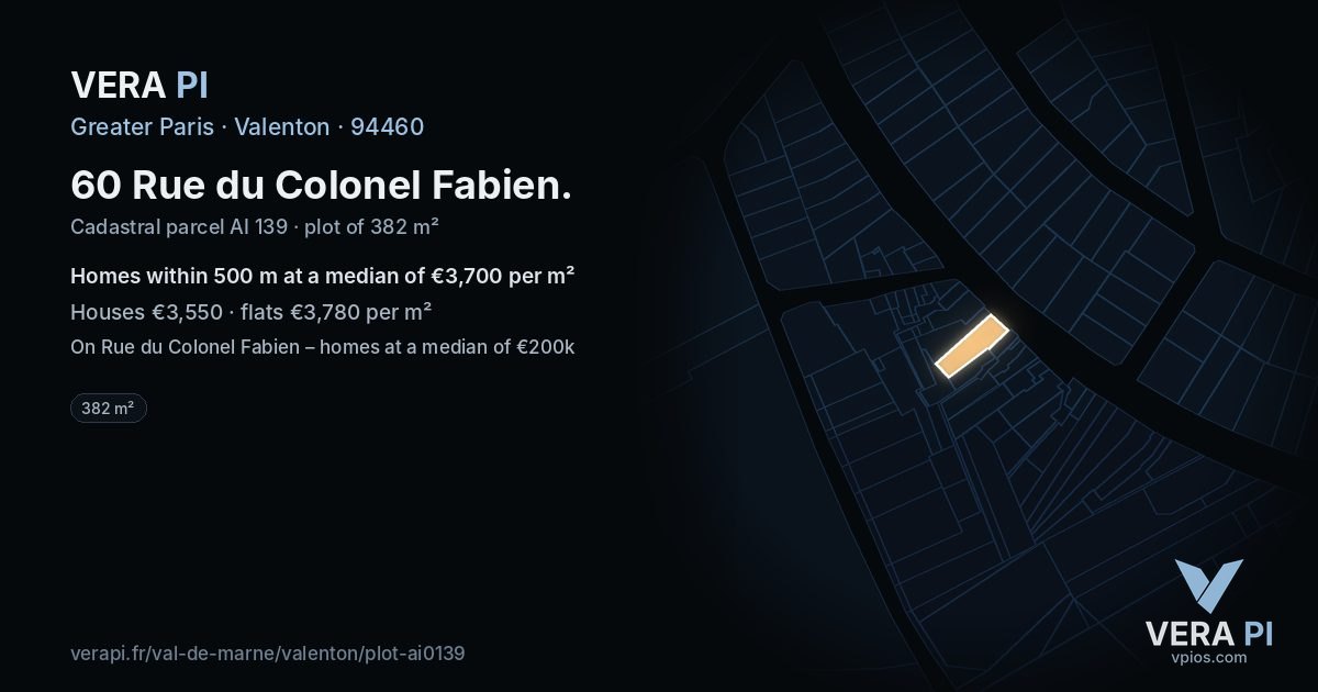60 Rue du Colonel Fabien, Valenton at night – the plot lit, the parcels around coloured by the prices near them