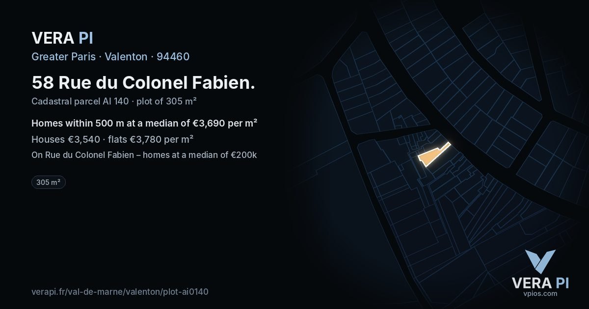 58 Rue du Colonel Fabien, Valenton at night – the plot lit, the parcels around coloured by the prices near them