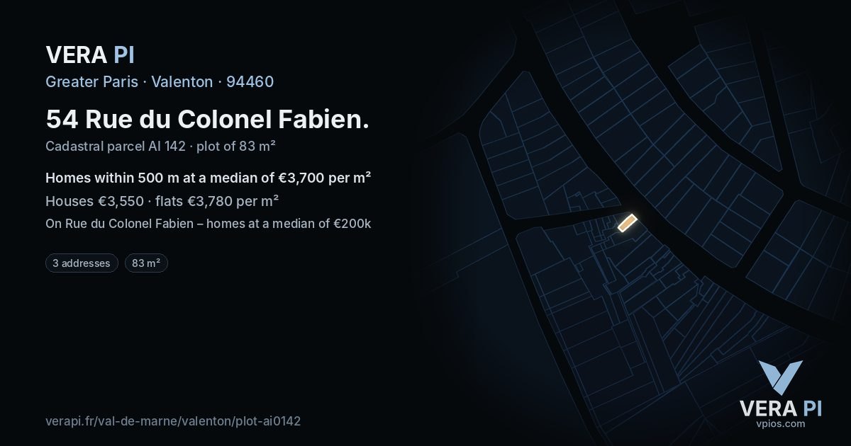 54 Rue du Colonel Fabien, Valenton at night – the plot lit, the parcels around coloured by the prices near them