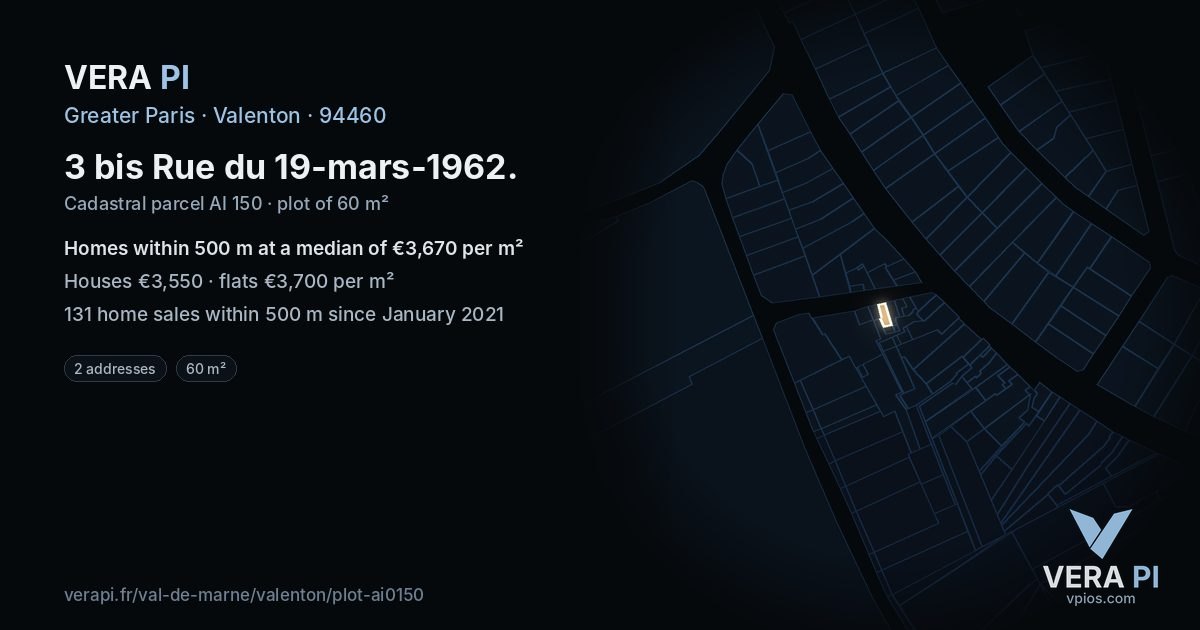 3 bis Rue du 19-mars-1962, Valenton at night – the plot lit, the parcels around coloured by the prices near them