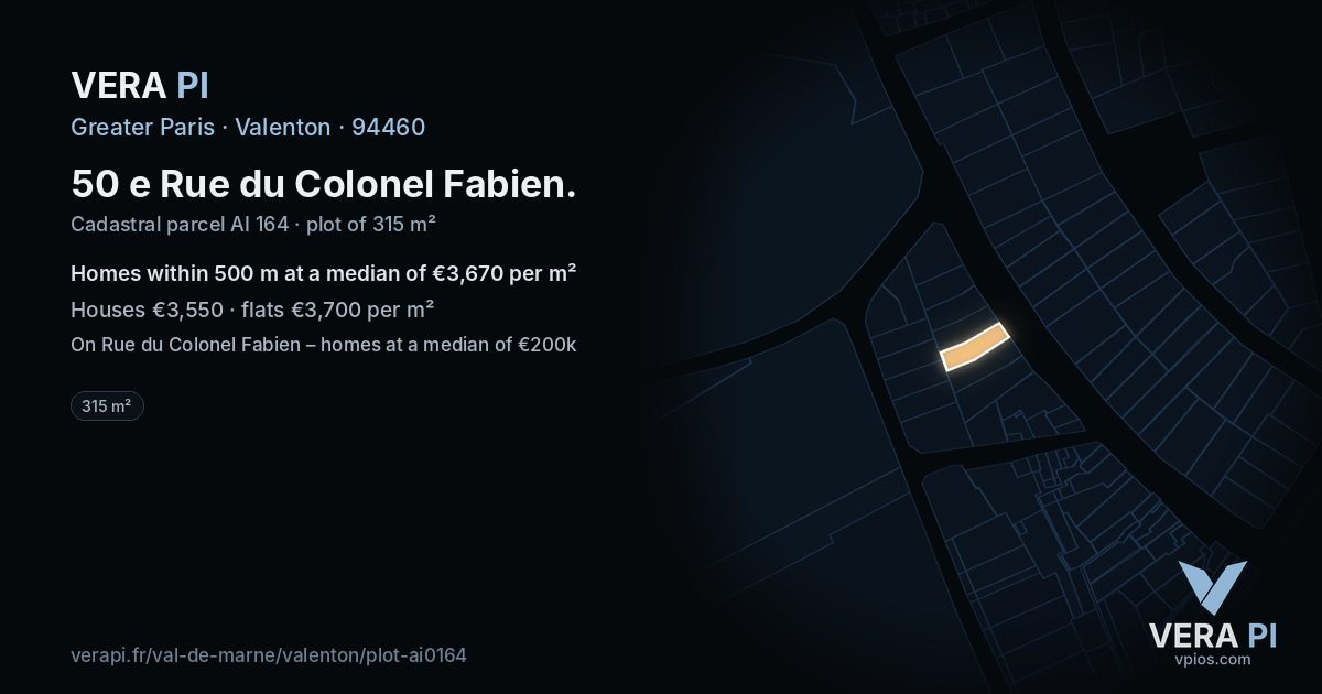 50 e Rue du Colonel Fabien, Valenton at night – the plot lit, the parcels around coloured by the prices near them