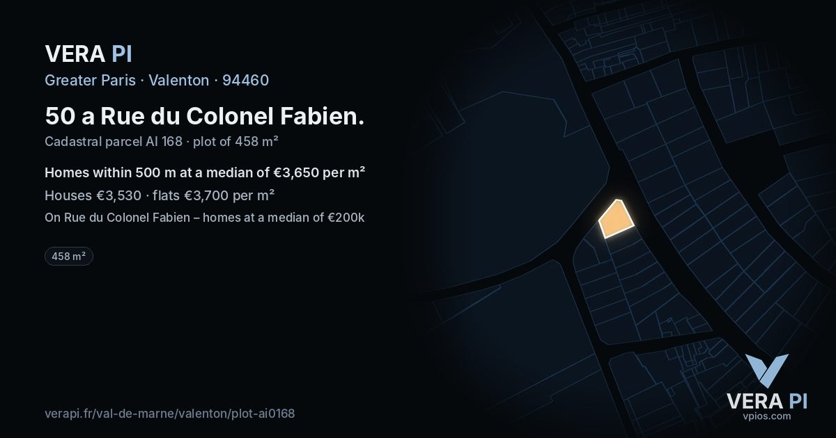 50 a Rue du Colonel Fabien, Valenton at night – the plot lit, the parcels around coloured by the prices near them