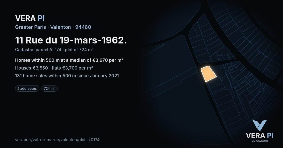 11 Rue du 19-mars-1962, Valenton at night – the plot lit, the parcels around coloured by the prices near them