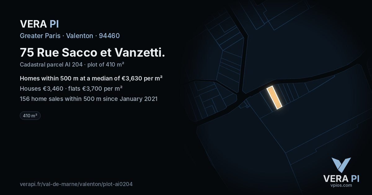 75 Rue Sacco et Vanzetti, Valenton at night – the plot lit, the parcels around coloured by the prices near them