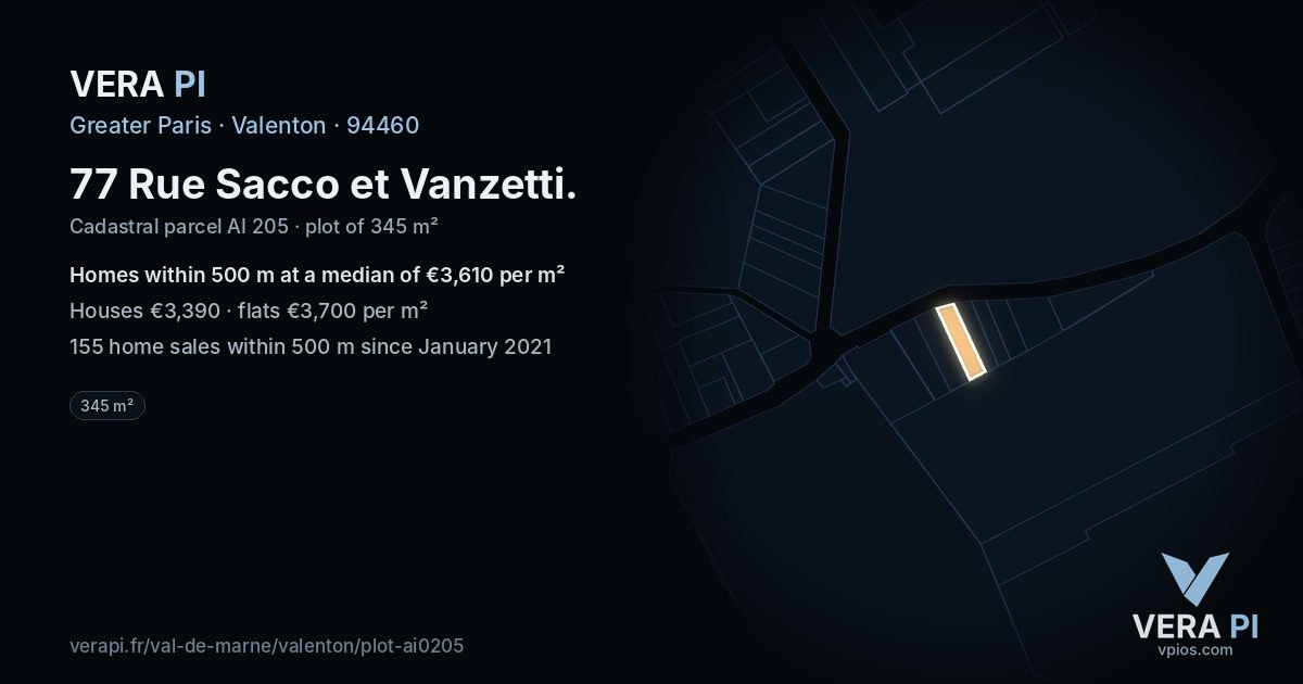 77 Rue Sacco et Vanzetti, Valenton at night – the plot lit, the parcels around coloured by the prices near them