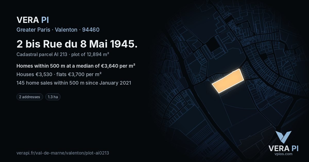 2 bis Rue du 8 Mai 1945, Valenton at night – the plot lit, the parcels around coloured by the prices near them