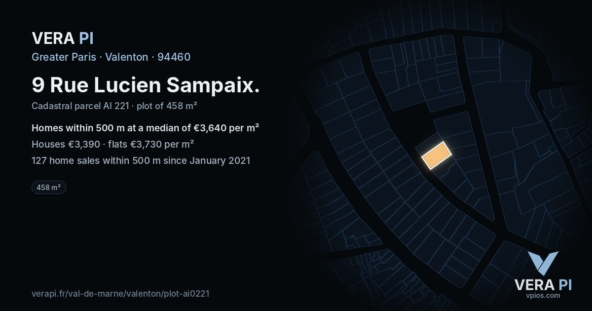 9 Rue Lucien Sampaix, Valenton at night – the plot lit, the parcels around coloured by the prices near them