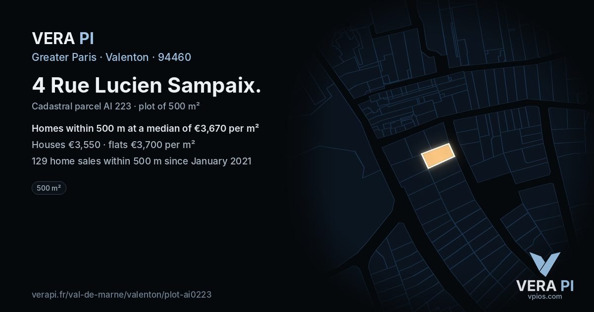 4 Rue Lucien Sampaix, Valenton at night – the plot lit, the parcels around coloured by the prices near them