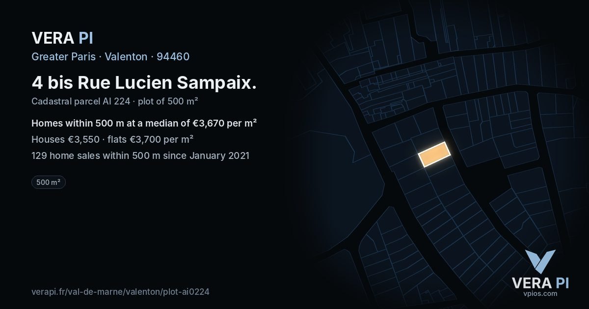 4 bis Rue Lucien Sampaix, Valenton at night – the plot lit, the parcels around coloured by the prices near them