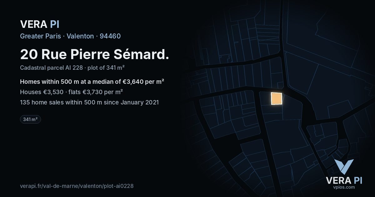 20 Rue Pierre Sémard, Valenton at night – the plot lit, the parcels around coloured by the prices near them