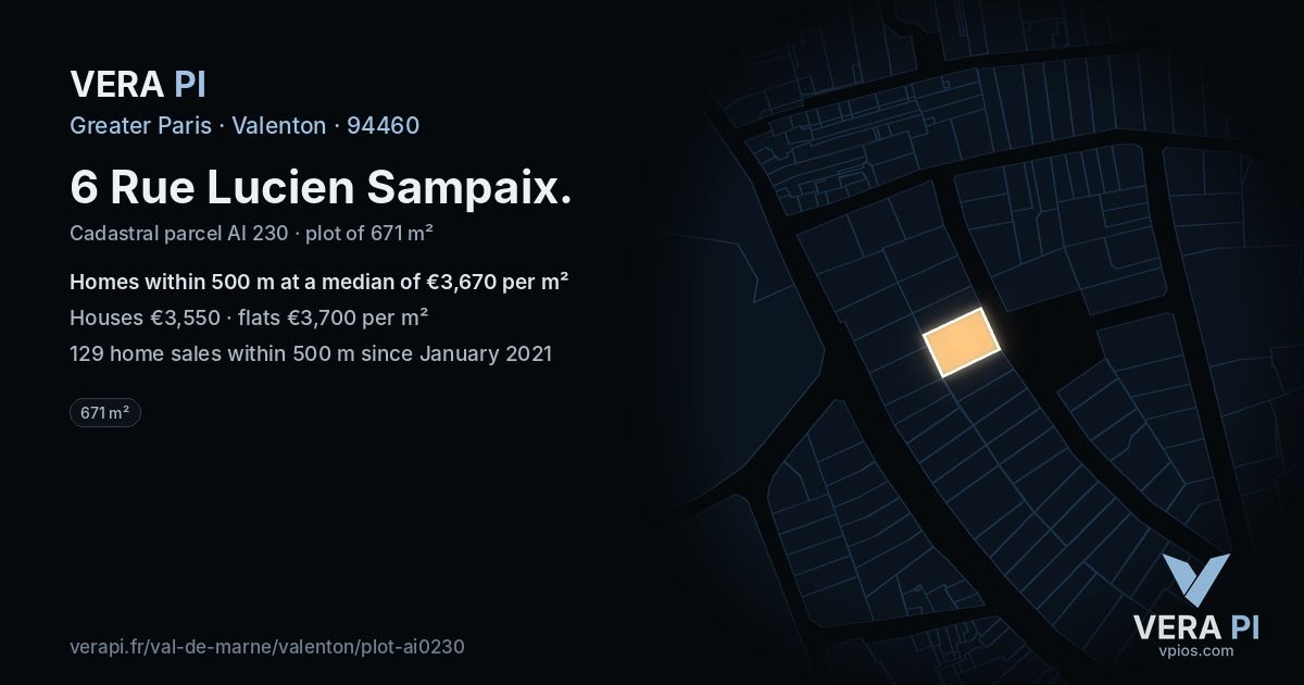 6 Rue Lucien Sampaix, Valenton at night – the plot lit, the parcels around coloured by the prices near them