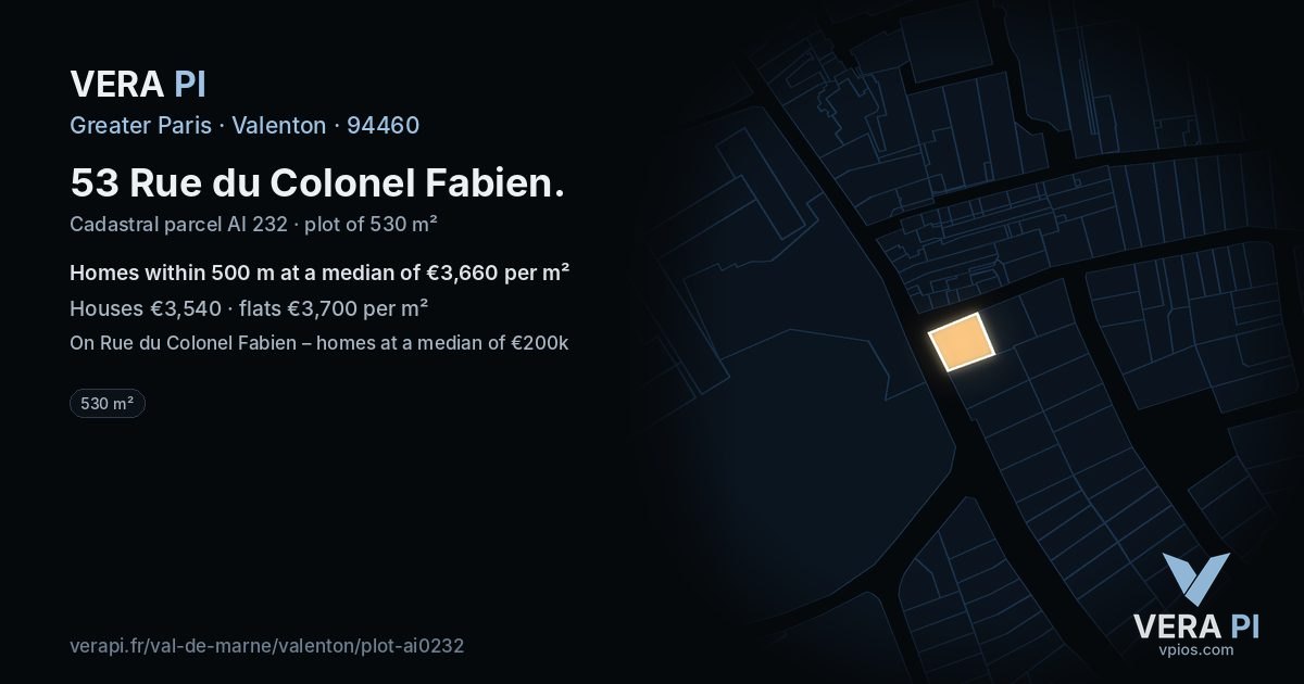 53 Rue du Colonel Fabien, Valenton at night – the plot lit, the parcels around coloured by the prices near them