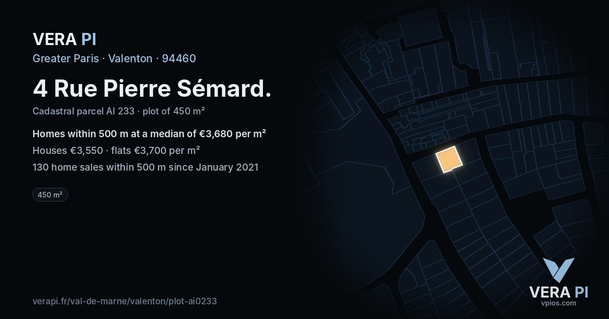 4 Rue Pierre Sémard, Valenton at night – the plot lit, the parcels around coloured by the prices near them