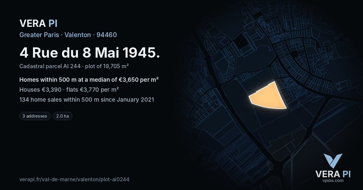 4 Rue du 8 Mai 1945, Valenton at night – the plot lit, the parcels around coloured by the prices near them