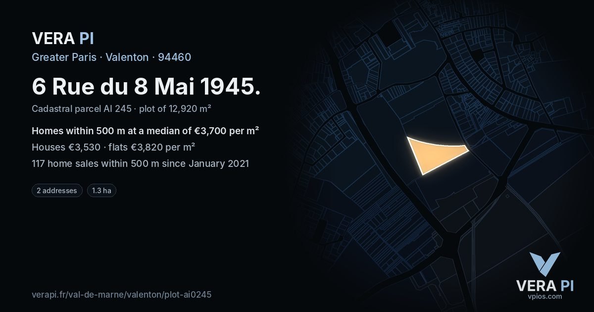 6 Rue du 8 Mai 1945, Valenton at night – the plot lit, the parcels around coloured by the prices near them