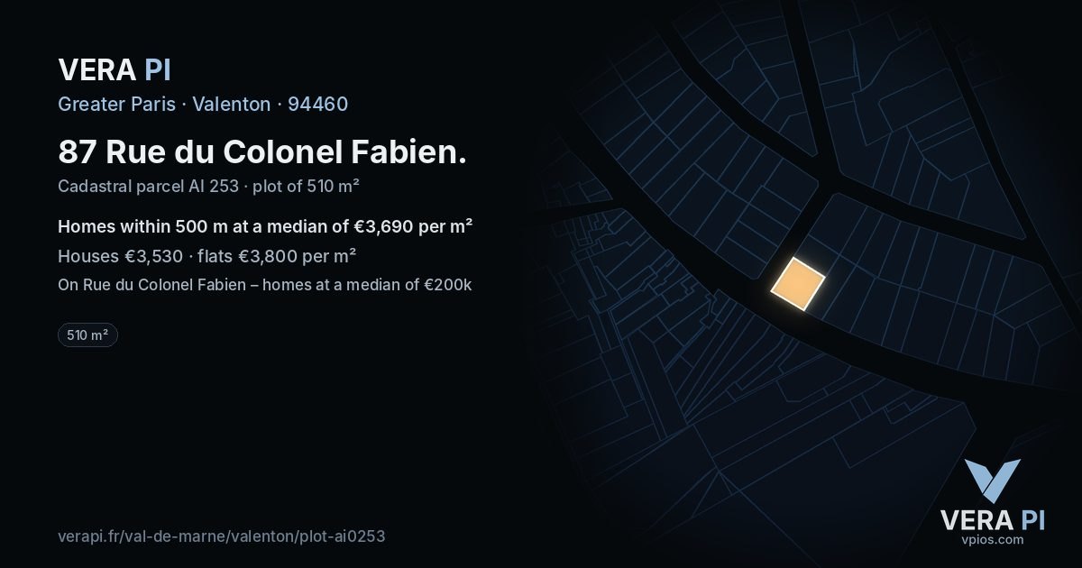 87 Rue du Colonel Fabien, Valenton at night – the plot lit, the parcels around coloured by the prices near them