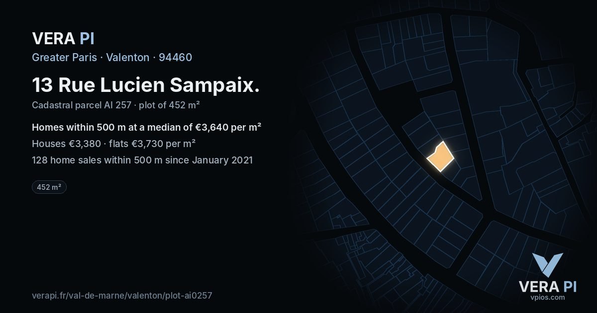 13 Rue Lucien Sampaix, Valenton at night – the plot lit, the parcels around coloured by the prices near them