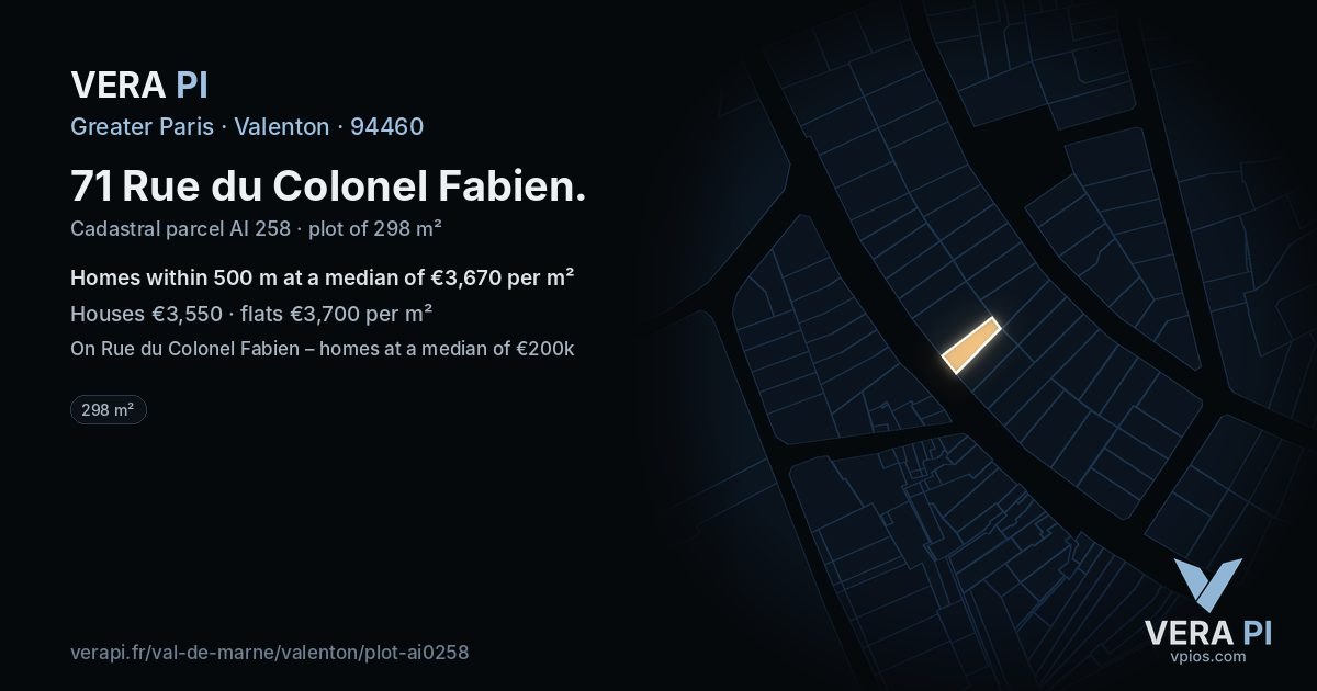 71 Rue du Colonel Fabien, Valenton at night – the plot lit, the parcels around coloured by the prices near them