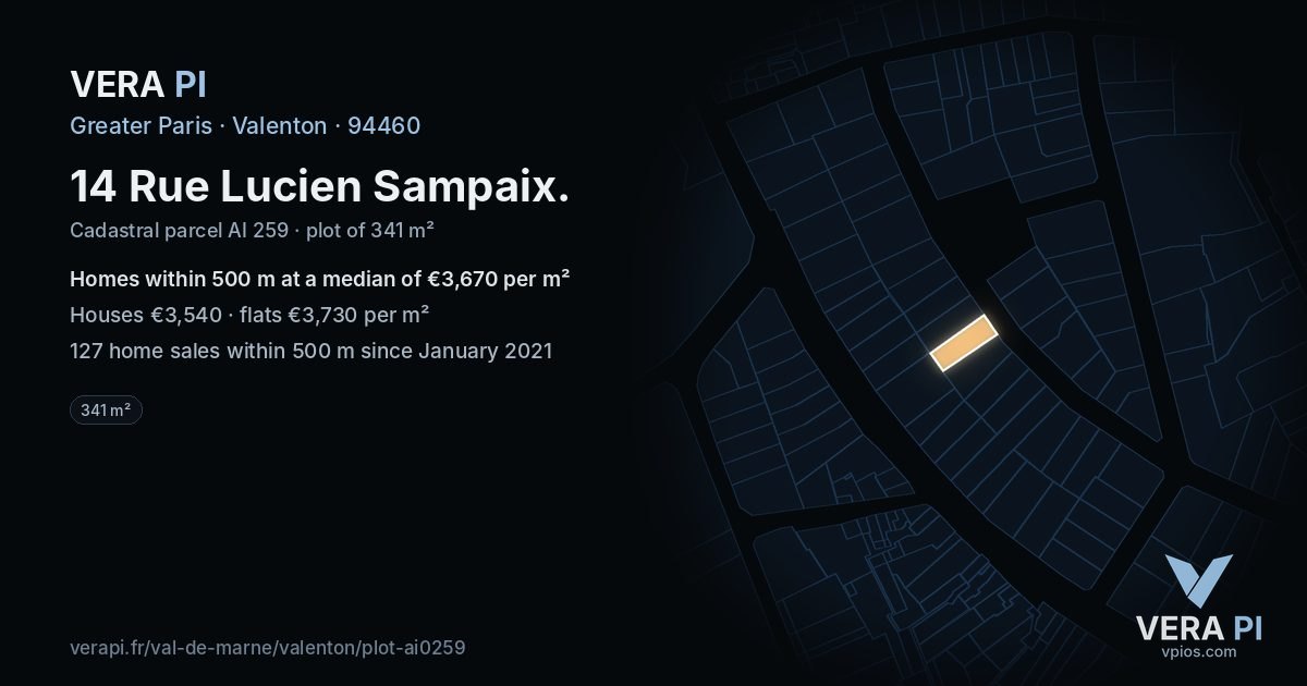 14 Rue Lucien Sampaix, Valenton at night – the plot lit, the parcels around coloured by the prices near them