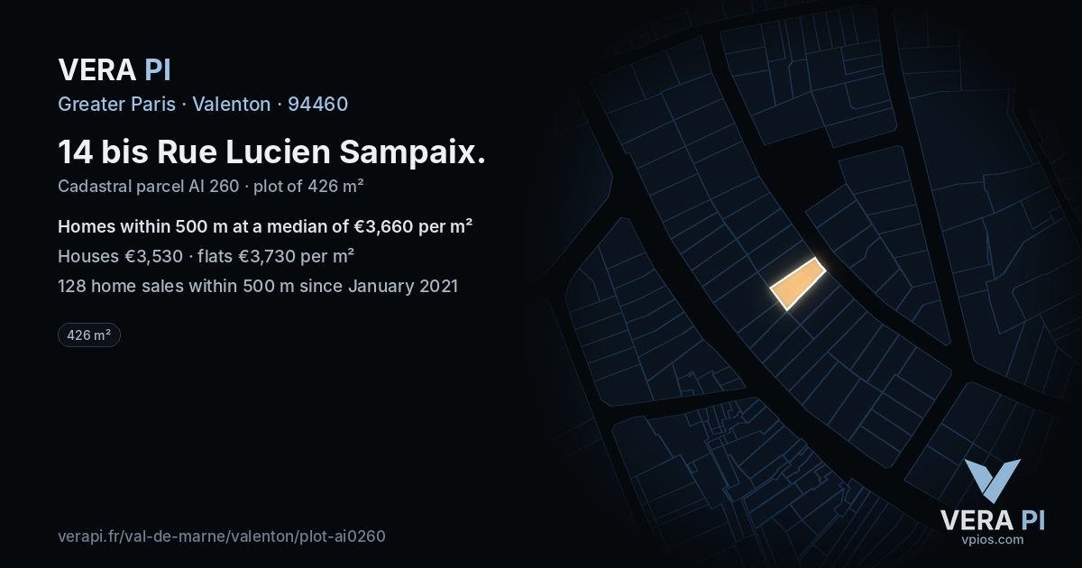 14 bis Rue Lucien Sampaix, Valenton at night – the plot lit, the parcels around coloured by the prices near them