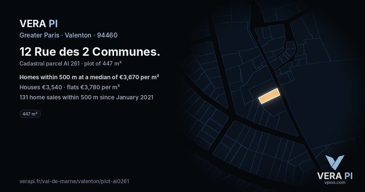 12 Rue des 2 Communes, Valenton at night – the plot lit, the parcels around coloured by the prices near them