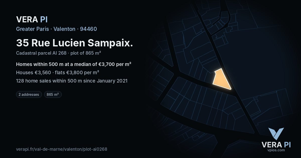 35 Rue Lucien Sampaix, Valenton at night – the plot lit, the parcels around coloured by the prices near them