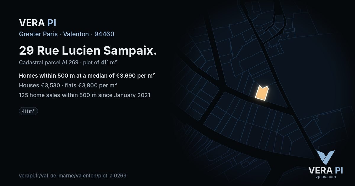 29 Rue Lucien Sampaix, Valenton at night – the plot lit, the parcels around coloured by the prices near them