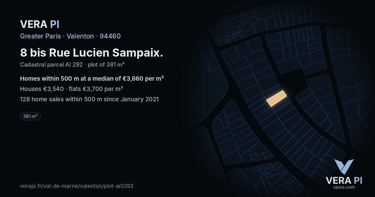 8 bis Rue Lucien Sampaix, Valenton at night – the plot lit, the parcels around coloured by the prices near them